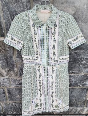 Tory Burch Garden Party Talia Botanical Green Printed Shirt Dress Runway Size 10